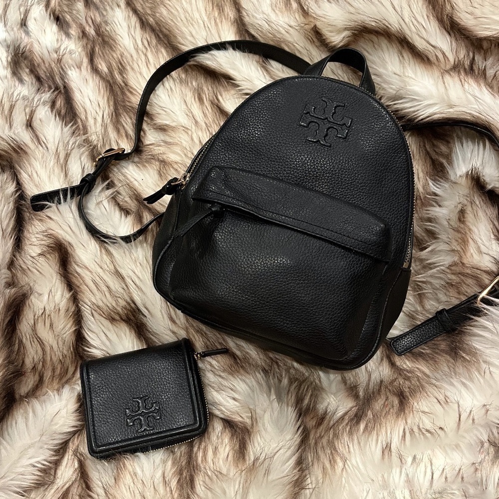 💕 TORY BURCH | Black THEA Mini Pebbled Leather Backpack & Wallet Set Bundle